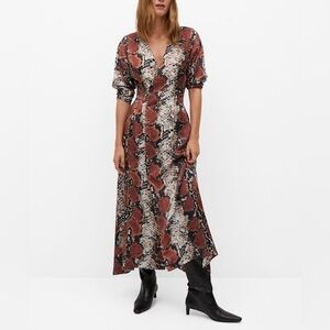Womens Mango Snake Print Long Sleeve Asymmetrical V-neck Dress. Size 2